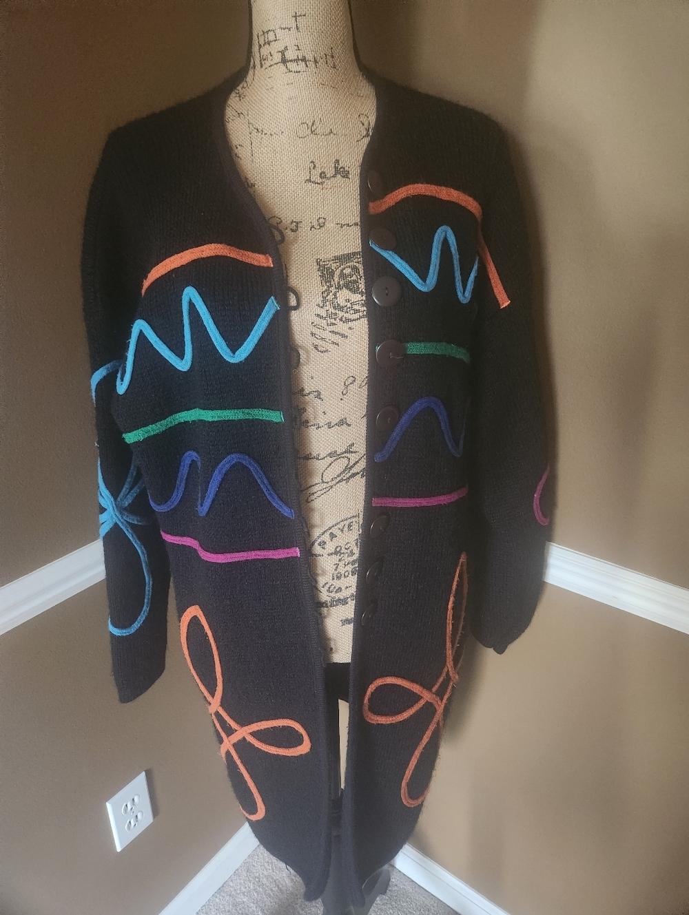 Le‎ Chois Wool Black Multicolor Patterned Women's Cardigan Sweater Sm